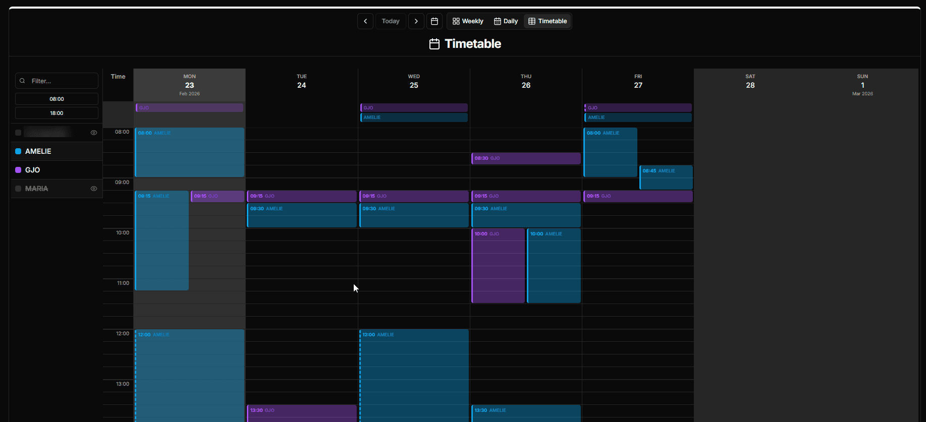 Kalensio Timetable View (Dark)